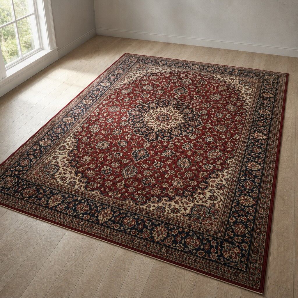 Hand-knotted Kashan medallion rug laid on a bare timber floor
